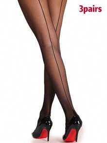 1件装女士黑色竖条纹修身超薄连裤袜 - 黑色 - 查看 7