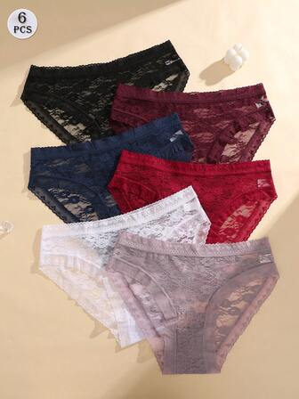 6条装女士蕾丝低腰透气内裤，浪漫性感心形蕾丝边饰设计女士内衣