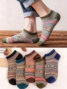 5双装条纹袜，复古保暖中筒袜，女士长袜，秋冬款