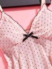 2pcs Polka Dot Nightgown Sexy Women Sheer Mesh Lingerie Chemise Slip Dress Set (With Panty)