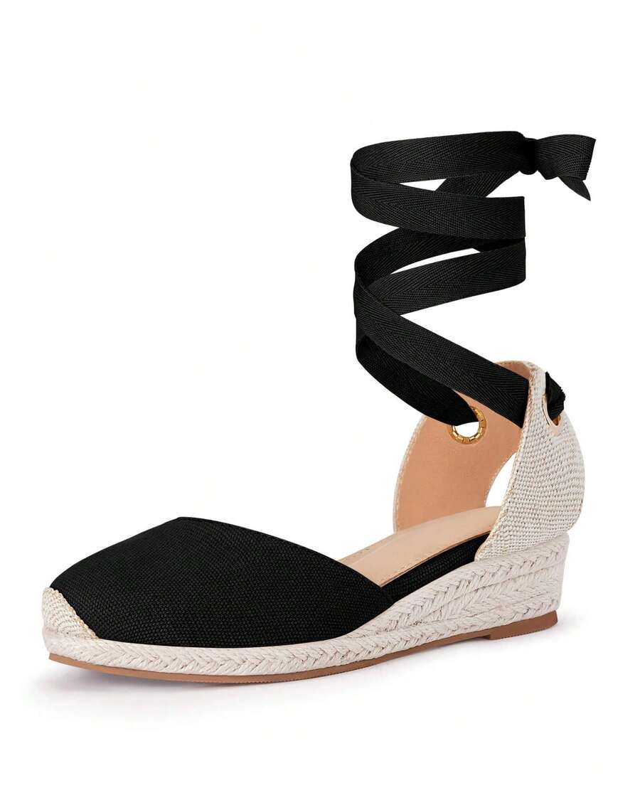 Coutgo Girls Espadrille Platform Wedge Sandals Closed Toe Lace Up Ankle Strap Summer Shoes Toddler Little Big Kid - 黑色 - 查看 1