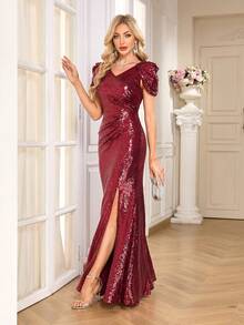 CEILIM 1pc Elegant Sparkling Polyester Backless Sequin Patchwork High Slit Maxi Dress, Suitable For Party, Wedding, Cocktail, Holiday, All Seasons Spring - Burgundy - View 8