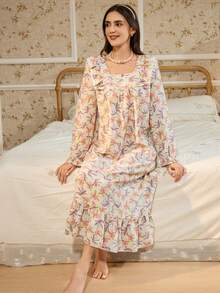 RS Pajama1 Square Neck Bows Long Sleeves Contrast Lace Romantic Floral Print Green Nightgown For Women - Mint Green - View 9