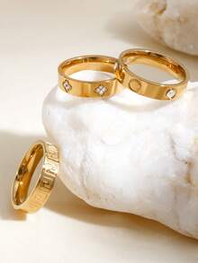 TONSI 1pc Fashionable Luxury Minimalist Niche High-End 18K Gold Plated Stainless Steel Cubic Zirconia, Clover, Geometric Pattern Ring, Couples Ring, Jewelry Gift Box, Unisex, Suitable For Daily Wear, Commute, Festivals, Parties, Wedding Rings, Wedding Gifts, Christmas Gifts