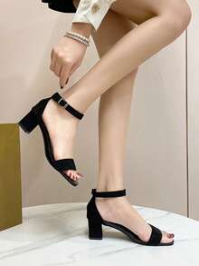 女士黑色粗跟凉鞋，学生百搭露趾罗马高跟鞋 - 黑色 - 查看 9