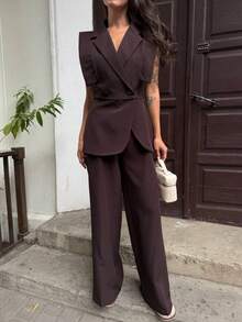 女士商务休闲西装马甲+长裤套装，纯色优雅正式西装外套马甲和长裤两件套，适合商务会议、休闲聚会、办公室、约会、街头、机场、春夏穿着。 - 咖啡棕 - 查看 4