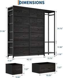 Dragonpad Clothes Storage Rack Drawer Dresser With 16-Drawer And 2-Tier Shelves, Space Saving Freestanding Wardrobe For Small Bedroom/Apartment | No Assembly Needed, Breathable Fabric Drawers - Black - View 2