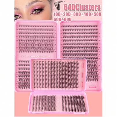 MEM 640/240片D型卷翘单根假睫毛，长度10-16毫米混合，浓密型10D/20D混合段假睫毛套装，D型卷翘浓密纤长睫毛，适合日常佩戴，易于使用，方便旅行携带，是新手的理想之选，也适用于婚礼、约会、派对、节日等场合，是圣诞节/万圣节/送礼的完美睫毛套装