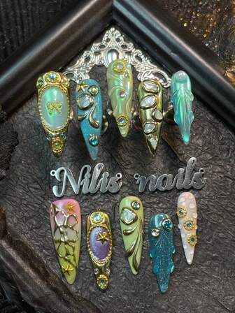 10片装尖头亚克力美甲套装，采用绿色、蓝色和紫色美甲，蓝色猫眼，紫色扎染设计，手绘水滴和几何图案，3D立体钢珠、链珠、星光和彩色钻石假指甲配件，Y2K风格可佩戴美甲套装，适合女性日常佩戴和派对场合（包含：一片果冻胶和一条摩擦条）美甲用品