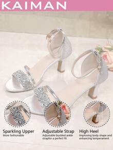 1 Đôi giày cao gót thời trang mới cho nữ, khóa da PU đính đá Rhinestone trang trí, thích hợp đi biển, tiệc tùng, xuân/hè - Bạc - Xem 8