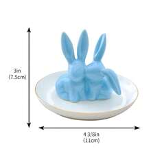 Adorable Bunny Ring Holder Jewelry Tower Ceramic Dish Plate Jewel Display Organizer Trinket Tray, Lovely Rabbit (Blue),Blue - Blue - 查看 8