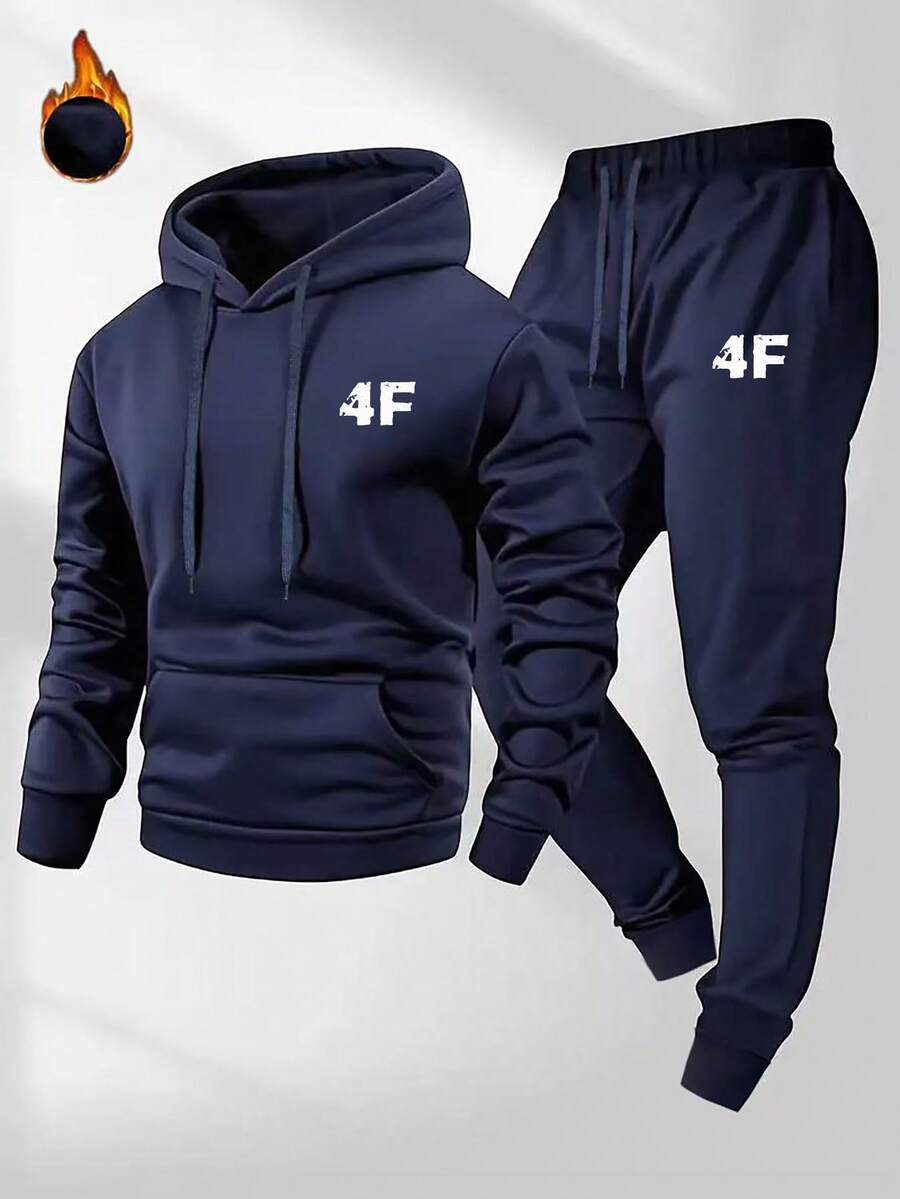 2pcs/Set Men's Casual Cartoon Paris Letter Drawstring Pocket Hoodie And Drawstring Sports Pants Suit - Navy Blue - View 1