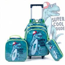 Dinosaur Rolling Backpack Kit For Boys, Complete With Lunchbox And Pencil Case - Ideal Gift - Back To School Kit - Green - View 1