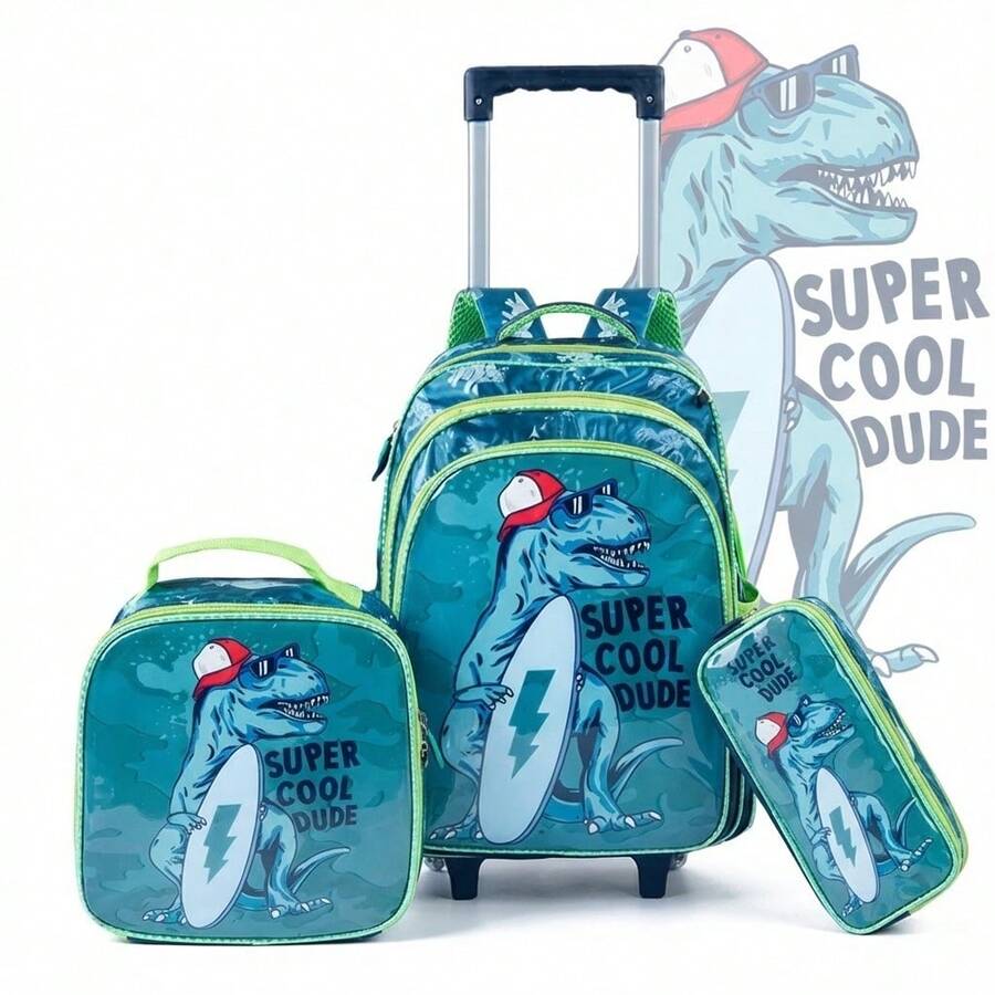 Dinosaur Rolling Backpack Kit For Boys, Complete With Lunchbox And Pencil Case - Ideal Gift - Back To School Kit - Green - View 1