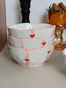 Cabin Kangaroo 1pc/2pcs/4pcs Set Asymmetrical Ceramic Bowl Set | 3D Heart Print Rustic Style Ceramic Bowl | Cute Pink Rim Snack/Salad Bowl, Suitable For Tabletop Decor And Daily Use - Multicolor - View 6