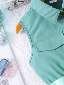 女童休闲纯色无袖翻领网纱连衣裙，配腰带，夏季 - 綠色 - 查看 4