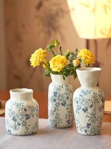 1pc/3pcs Handmade Vintage Style Ceramic Vase, Decorated With Blue Plum Blossom Pattern, French Countryside Style, Fresh And Elegant, Wavy Rim Design, Floral Vase Suitable For Fresh/Dried Flowers/Roses, Suitable For Kitchen, Room, Foyer, Living Room, Tabletop Decor, Birthday/Graduation Gift, Gift For Boyfriend/Girlfriend, Holiday Decoration, Ramadan Decor, Ramadan Gifts - Multicolor - View 4