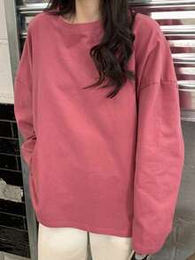 Camiseta de manga larga con dobladillo dividido y color liso para mujer. Prenda interior de moda. Estilo coreano. Prenda exterior moderna para estudiantes. Top holgado. - Rosa - Ver 2