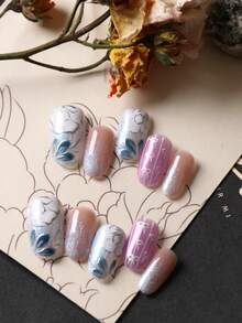 10片装亚克力按压式美甲贴片，重工蓝色花朵蝴蝶结美甲用品，按压式短指甲，假指甲，人造指甲套装，包含1张粘合贴片和1个迷你指甲锉。 - 彩色 - 查看 2