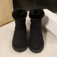 Girls Faux Fur Snow Boots With Double Bow Back – Cute Plush Lined Winter Ankle Boots, Soft Furry Collar Non-Slip Shoes For Toddlers & Kids - 黑色 - 查看 5