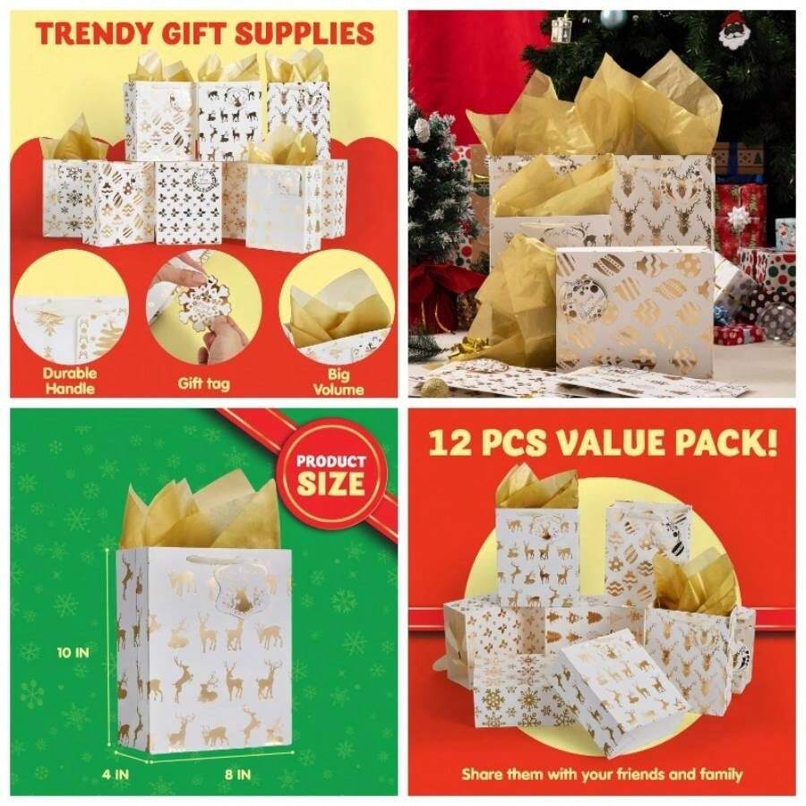 12 Pack Holiday Foil Gold Bags with Tissue Papers and Name Card Tags; Assorted White Winter Prints Party Favors Goody Bags, Xmas Presents, Classrooms and Wrapping Stocking Stuffers. - Aire - Ver 1