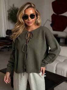 Cárdigan de punto liso con detalle de lazo. Novedad de otoño. Versátil estilo europeo y americano. Jersey holgado de cuello redondo y manga larga para mujer blusas elegantes dama - Verde militar - Ver 4