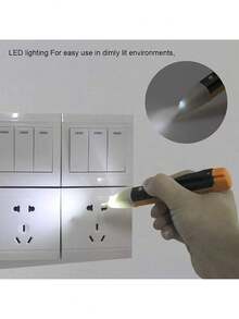 Este comprobador de voltaje sin contacto cuenta con un indicador LED, una alarma sonora, un sensor de potencia y una linterna LED. Con sensibilidad ajustable, es ideal para pruebas de circuitos de alta eficiencia e inspección eléctrica. - Naranja - Ver 7