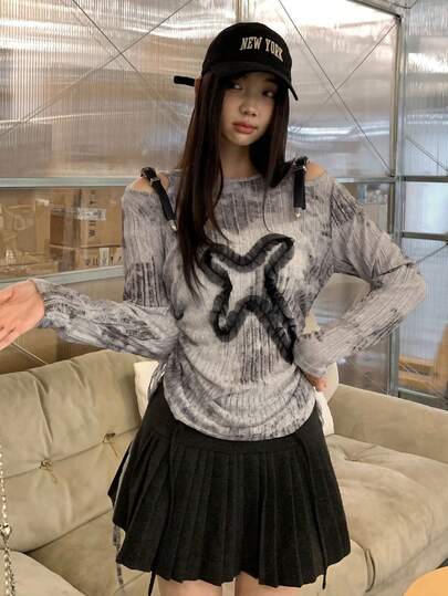 性感美式露肩长袖T恤，秋季扎染设计，修身显瘦，配有各种夹子