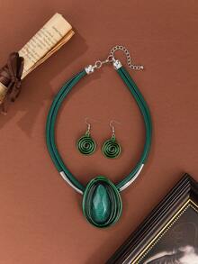 Exaggerated Multi-Layer Handmade Heavy Aluminum Wire Woven Wax Line Bohemian European And American Middle Eastern European Korean Version Evening Party Holiday Women Wax Line Resin Geometric Necklace Earrings - Green - View 14