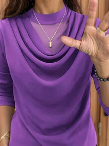 Elegant Double-Layer Ruffle Mesh Loose Long Sleeve Top, Casual & Versatile, Autumn/Winter - Purple - View 10
