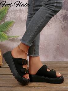 厚底镂空露趾女式凉鞋，休闲度假户外穿着，春夏新款，适合搭配连衣裙和沙滩装 - 黑色 - 查看 3