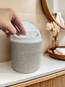 Desktop Cosmetic Trash Can With Rhinestones, Trash Organizer Swivel Lid Desktop Organizer For Dressing Table, Bedroom, Office Shine In The Sun - White - View 5
