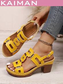 1 Pair Women's PU Leather Hollow Geometric Pattern Fashion High Heel Sandals, Suitable For Party, Beach, Holiday, Spring/Summer - Yellow - View 2