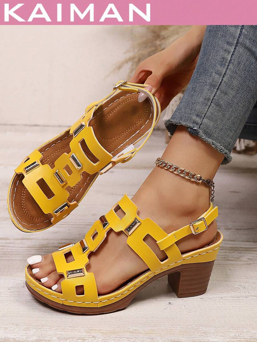 1 Pair Women's PU Leather Hollow Geometric Pattern Fashion High Heel Sandals, Suitable For Party, Beach, Holiday, Spring/Summer