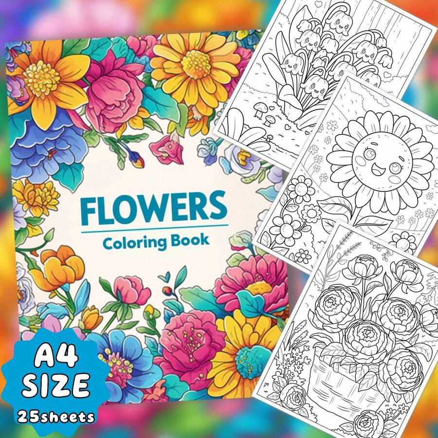 1 Adult & Teen Floral Coloring Book, 25 Single-Sided Patterns, A4 Size, Thick Smooth Paper, Painting & Coloring, Relax & Relieve Stress, Holiday & Birthday Party Gift