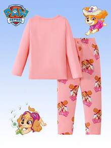 Paw Patrol 两件套汪汪队女童睡衣套装，儿童家居服，可爱狗狗卡通印花粉色圆领长袖T恤和裤子，适合日常、居家、度假、圣诞礼物等场合。 - 粉色 - 查看 2