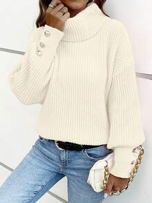 Women's Loose High Neck Sweater, Casual & Formal Ribbed Knit Button Up Long Sleeve Pullover - Apricot - View 7