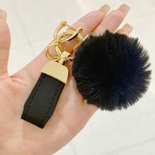 TTOBS 1pc Elegant Braided Leather Keychain With Fluffy Pompom Charm - Durable, Stylish & Versatile Women Key Holder - Multiple Colors, Perfect Car Owner Accessory, Fashionable Gift Idea