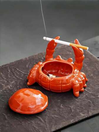 1 pieza Cenicero con forma de cangrejo con tapa - a prueba de moscas, adecuado para la decoración de la oficina del hogar y suministros para mascotas, diseño asimétrico, sin necesidad de electricidad