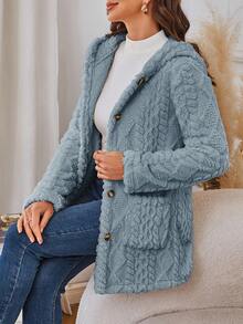 Women's Comfortable Faux Fur Winter Jacket, Front Button And Pocket - Long Casual Style, Solid Color, Button Design, Suitable For Cold Weather, Winter Casual Wear | Button Jacket | Durable Jacket, Women's Winter Clothing, Women's Jacket, Women's Winter Jacket, Women's Fleece Jacket - 寶藍色 - 查看 4