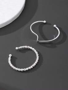 1 Set Of 2 Elegant Silver Geometric Bangle Bracelets, Versatile Women Silver Jewelry - Silver - View 2