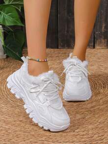 圆头系带拼接纯色保暖内衬时尚百搭都市户外度假校园风格运动鞋，女士款 - 白色 - 查看 2