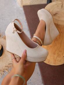 Women's Shoes, Women's Platform Wedge Pumps, New High Heel Thick Bottom Wedge Pumps For Women, Women's Wedge Round Toe Buckle Strap Shoes, Fashionable Versatile European-American Style Slip-On Pumps For Women, Solid Color Casual Versatile Elegant Women's Shoes, Suitable For Daily Outings, Commuting, Parties, Dates - Beige - View 6