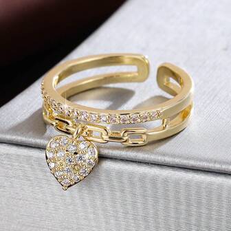 1pc Fashionable Heart Shaped Pendant Design Cubic Zirconia Inlaid Adjustable Ring For Women