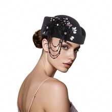 1顶毡帽，女士小圆帽，德比帽，优雅女士茶会帽，饰有花卉图案，复古贝雷帽，时尚水钻软毡帽，适合角色扮演、婚礼派对等场合，是送给女性的绝佳礼物，夏季，海滩。 - B款其它顏色 - 查看 13