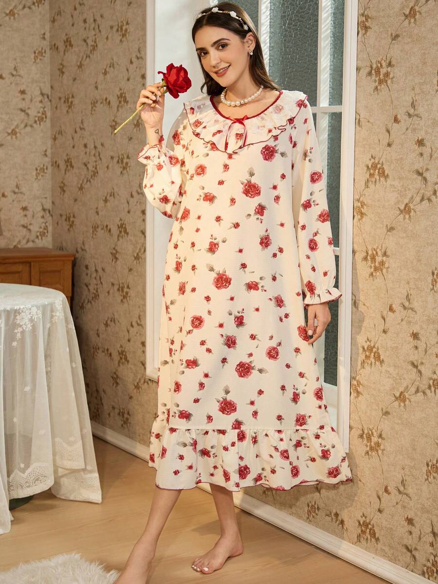 RS Pajama1 蕾丝圆领长袖撞色蕾丝浪漫优雅花卉印花睡裙 - 米色 - 查看 1