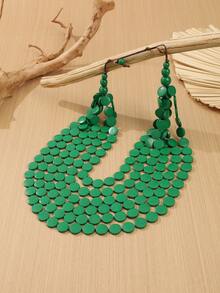 手工多层夸张木珠项链，波西米亚风围兜项链，适合海滩、派对、中东正式场合佩戴 - 綠色 - 查看 6