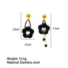18K Gold Plated Retro Miradar Fashion Personalized Design Earrings, Stainless Steel Round Bead Resin Flower Dangle Earrings, Suitable For Women's Daily Wear Or Party Events - Black Gold - View 6