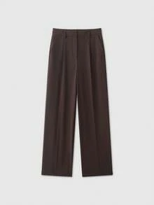 Women's Solid Brown Casual/Office Pleated Straight Leg Pants - Dark Brown - View 1