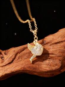 This Elegant, Exquisite, And Adorable Angel Pendant Necklace, Adorned With Diamonds, Is Made Of Stainless Steel And Features A Winter Christmas Design. Perfect For Everyday Wear, Outdoor Activities, Or Shopping. - Gold - View 3